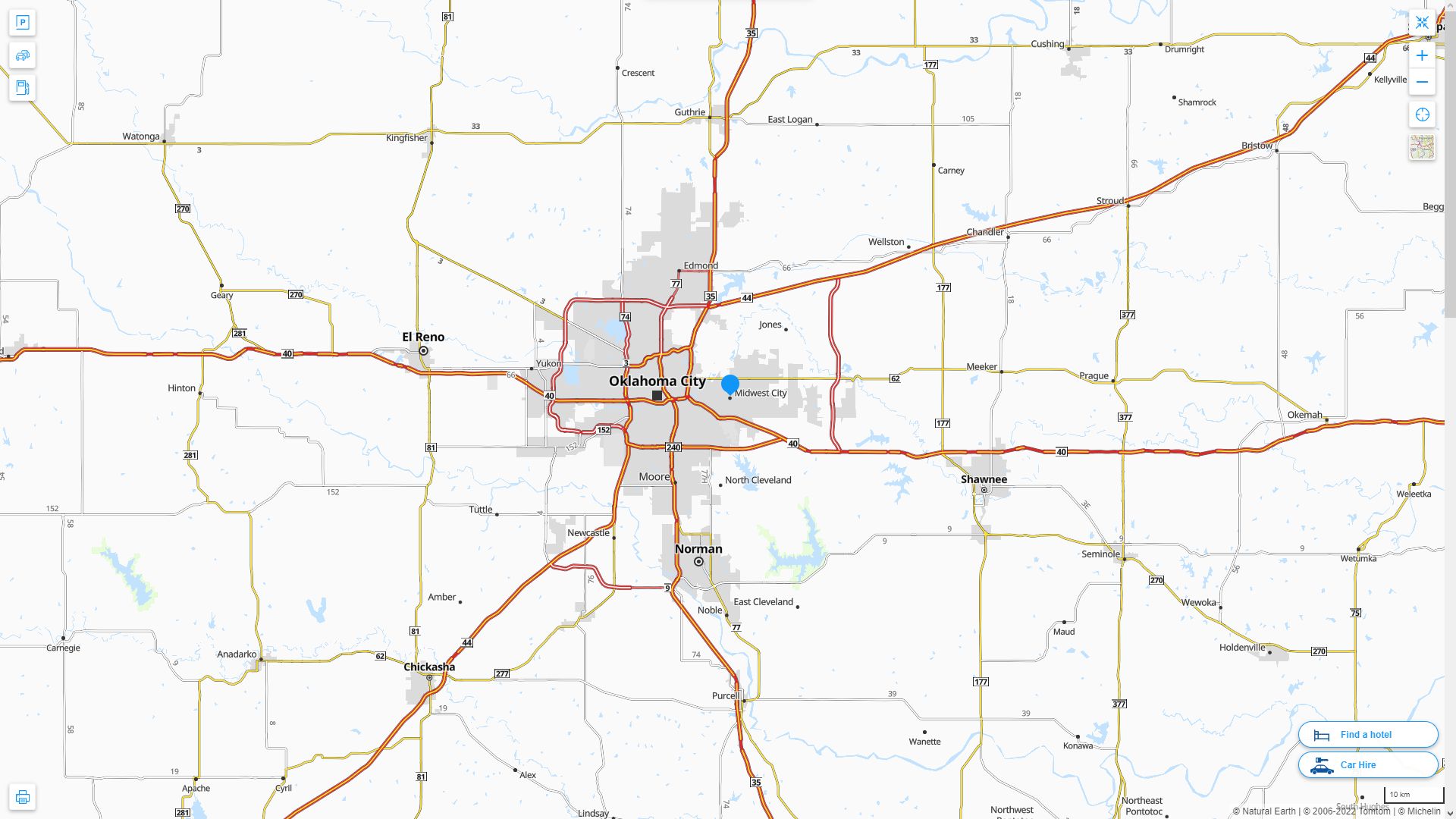 Midwest City Oklahoma Highway and Road Map